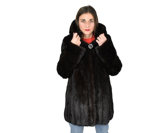 Mink Jacket With Hood | Full Skin Natural Mink Fur | Black Mink Jacket | Luxury gift for her.