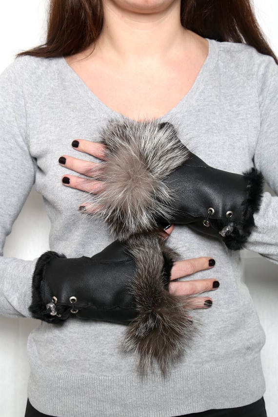 Buy Fingerless Sheepskin Gloves,shearlings Gloves With Fox Fur