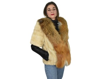 Veste unique en vison perlé et fourrure de renard | Fourrure de vison naturelle pleine peau | Incroyable veste en fourrure de vison à manches courtes | Cadeau de luxe pour elle.