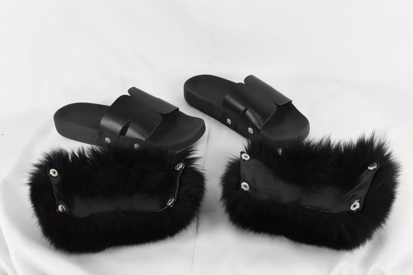 black fox fur slides