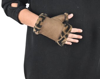 Fingerless Gloves | Shearling fur gloves  | christmas gift | leather gloves , sheepskin with rabbit gloves ,fur gloves