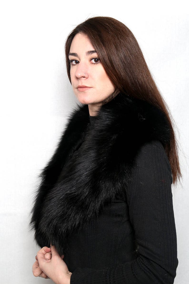 Black Fox Fur Collar /Detachable Fox Fur Collar, Fur Scarf for winter coat/ Extra Gift Black Fur cuffs Christmas Gift image 2