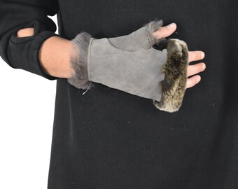 christmas gift Fingerless Gloves | Shearling fur gloves  |  leather gloves , sheepskin with rabbit gloves ,fur gloves