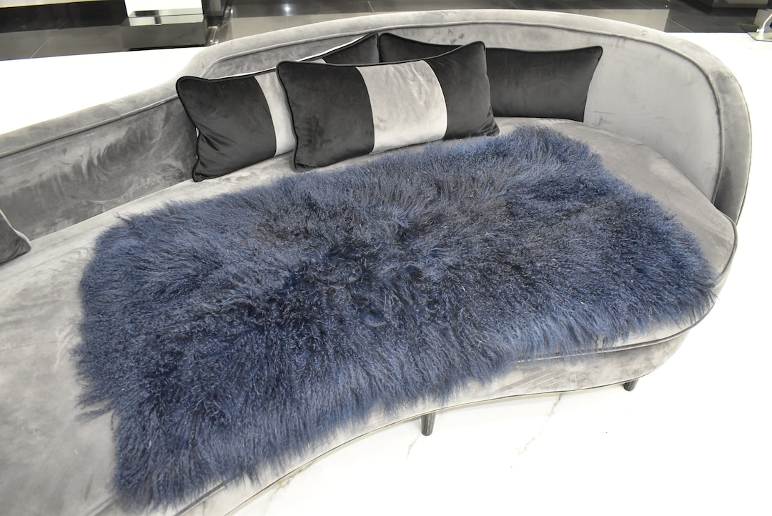 Mongolian Fur Throw Navy Blue Fur Rug Plate Fur Throw Blanket Handmade