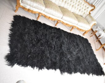 Lujosa manta de cordero mongol / Alfombra de cordero mongol / Manta de piel negra de cordero mongol / Regalo para ella