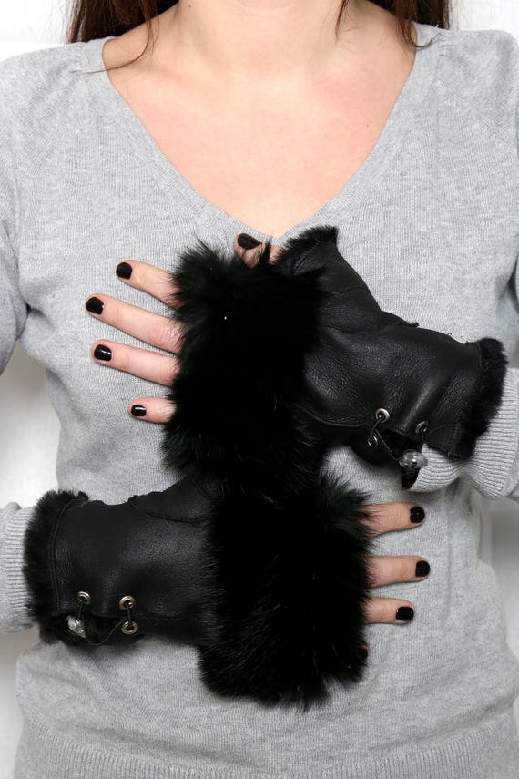 Sheepskin Fingerless Gloves Black Shearling Fur Gloves Leather