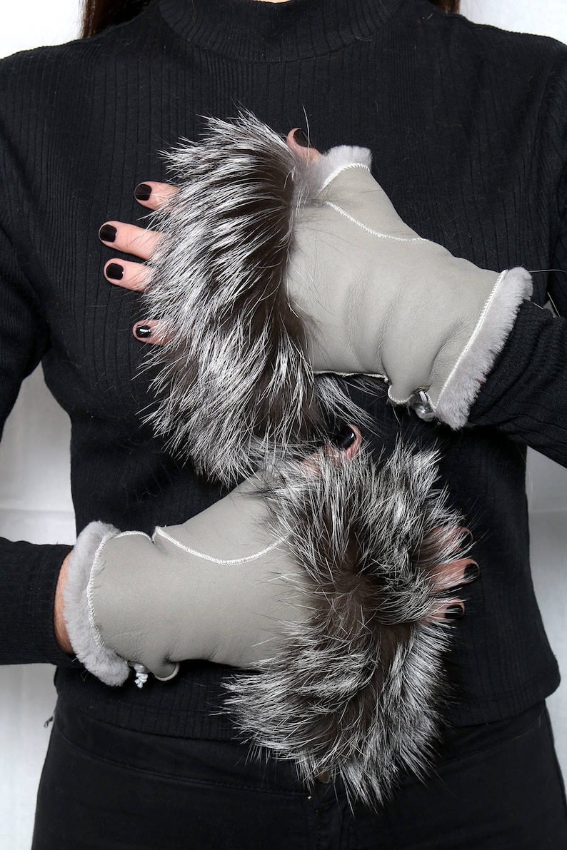 Sheepskin Fingerless Gloves,Shearling gloves , leather fur gloves, gloves for birthday gift , best friend gift image 2