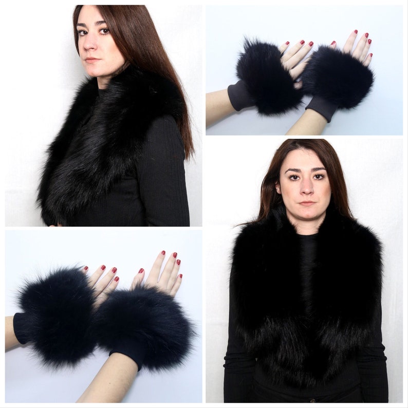 Black Fox Fur Collar /Detachable Fox Fur Collar, Fur Scarf for winter coat/ Extra Gift Black Fur cuffs Christmas Gift image 1