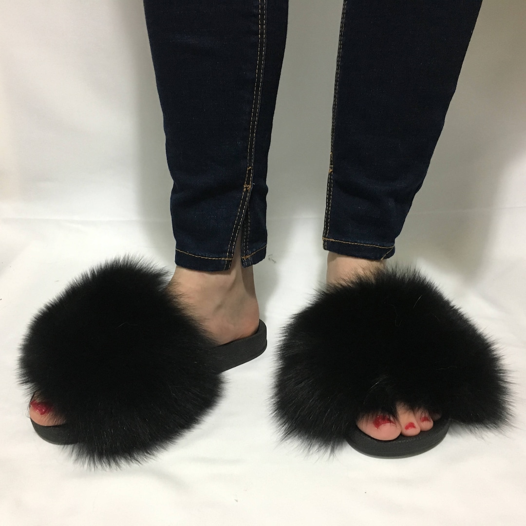 Fur Slides Black Fox Fur Slides Fur Slippers Fox Fur - Etsy