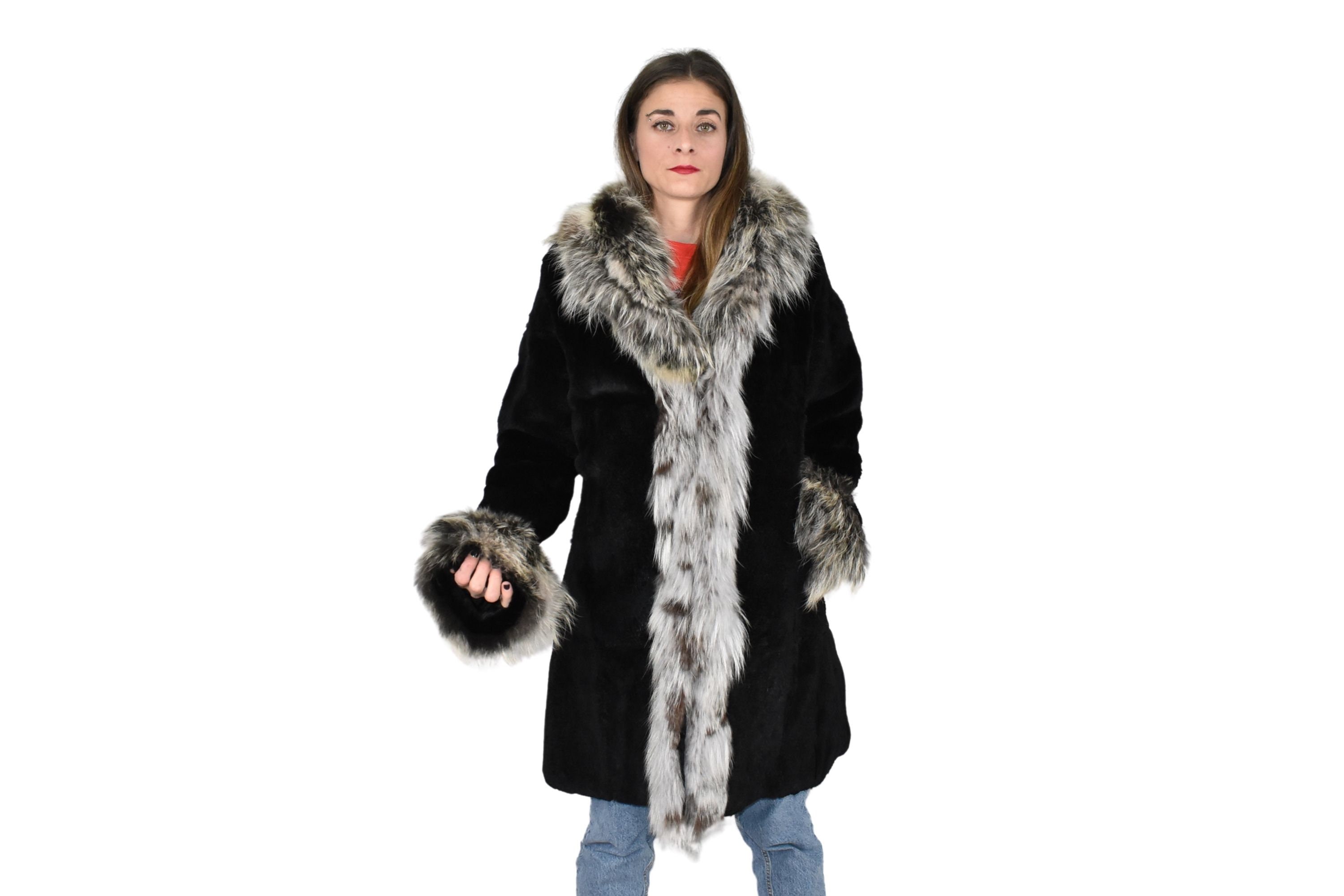 【24TH-01】Rex Like Fur Tailored Coat Rex Rabbit Fur With Fox Fur Coat | Black Fur Coat | Women