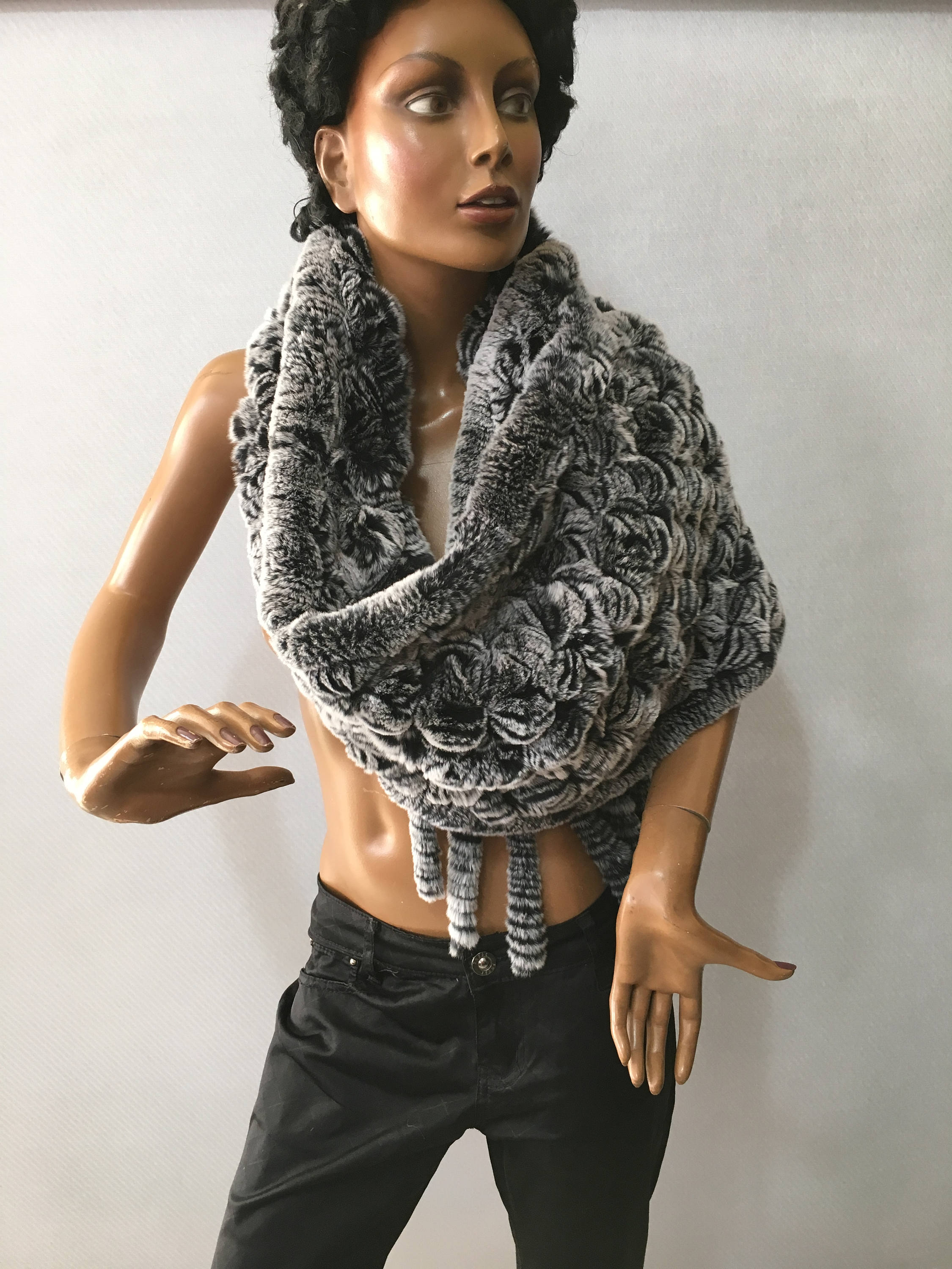 Beautiful Fur Stole,knitted Fur Shawl , Rex Rabbit Fur Big Scarf 