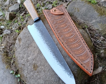 Cuchillo de cocina artesanal de acero al carbono – Cuchillo de chef «Old Soul» – Hoja forjada, mango de madera, cuchillo de cocina artesanal