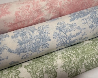 Jamestown Toile Print Cotton 100 percent Cotton Sage Green Weathering Blue Baby Pink Fabric by the Yard Continuous Cut