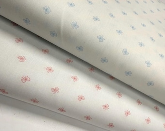 Pink Bow Fabric Blue Bow Fabric Printed Cotton Fabric Finders 100 percent Cotton Bows on White Fabric 60 inch wide Continuous Cut