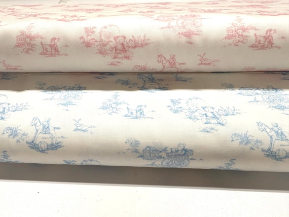 Teddy Bear Toile Print Cotton Fabric Finders 100 percent Cotton Pink on White Blue on White 60 inch width Fabric by the Yard Continuous Cut