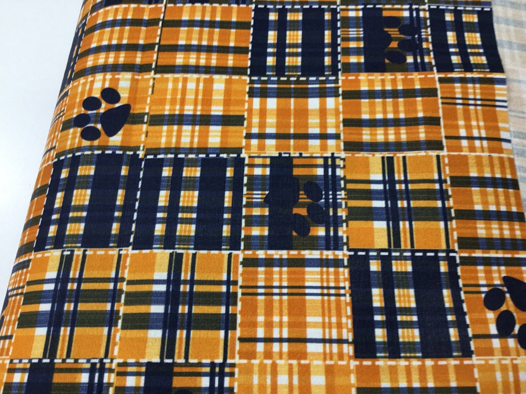 CLEARANCE Orange and Navy Blue Printed Gingham Fabric Tiger Paw Fabric ...