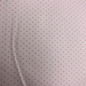 May include: Close-up of a white fabric with a repeating pattern of small, evenly spaced pink polka dots. The fabric has a subtle texture, and the dots are consistent in size and color, creating a delicate and classic design.