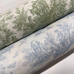 Jamestown Toile Print Cotton 100 percent Cotton Sage Green Weathering Blue Baby Pink Fabric by the Yard Continuous Cut