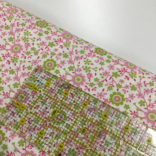 Pink and Green Floral Print 2341 Cotton Fabric Finders 100 percent Cotton Floral on White Fabric 60 inch width Fabric by the Yard