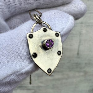 Heart Shield: Amethyst and Black Spinel Silver Charm Necklace, Solid Sterling Silver Pendant, Gemstone Pendant, Crystal Necklace