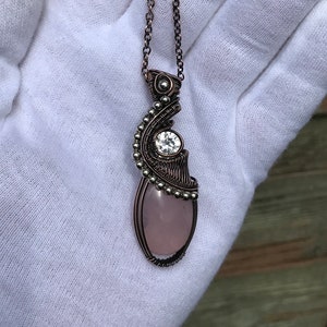 Rose Quartz Pendant, Copper Wire Wrapped Pendant, Rose Quartz Copper Necklace, Cubic Zirconia