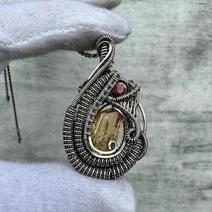 Gem Topaz with Garnet Silver Wire Wrap, Raw Imperial Topaz Crystal Pendant, Heady Wire Wrapped Pendant, Silver Zambian Topaz Necklace