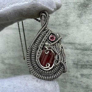 Rubellite Tourmaline with Garnet Silver Wire Wrap, Raw Pink Tourmaline Crystal Pendant, Red Tourmaline Necklace, Heady Wire Wrap,