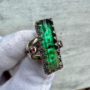 Raw Green Tourmaline Ring, Green Tourmaline Ring With Pink Tourmaline Facets , Green Gemstone Ring, Solid Silver Crystal Ring, Size 7.75