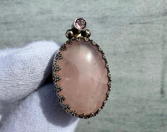 Rose Quartz with Tourmaline Ring, Rose Quartz Silver Ring, Pink Tourmaline Ring, Pink Gemstone Ring, Silver Crystal Ring, Size 5.75