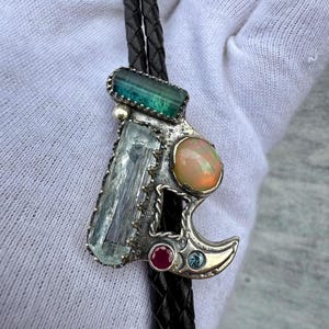Silver Gemstone Bolo Tie, Solid Sterling Silver Crystal Bolo Tie, Opal Tourmaline Aquamarine Sapphire Ruby Bolo Tie, Fancy Western Bolo Tie