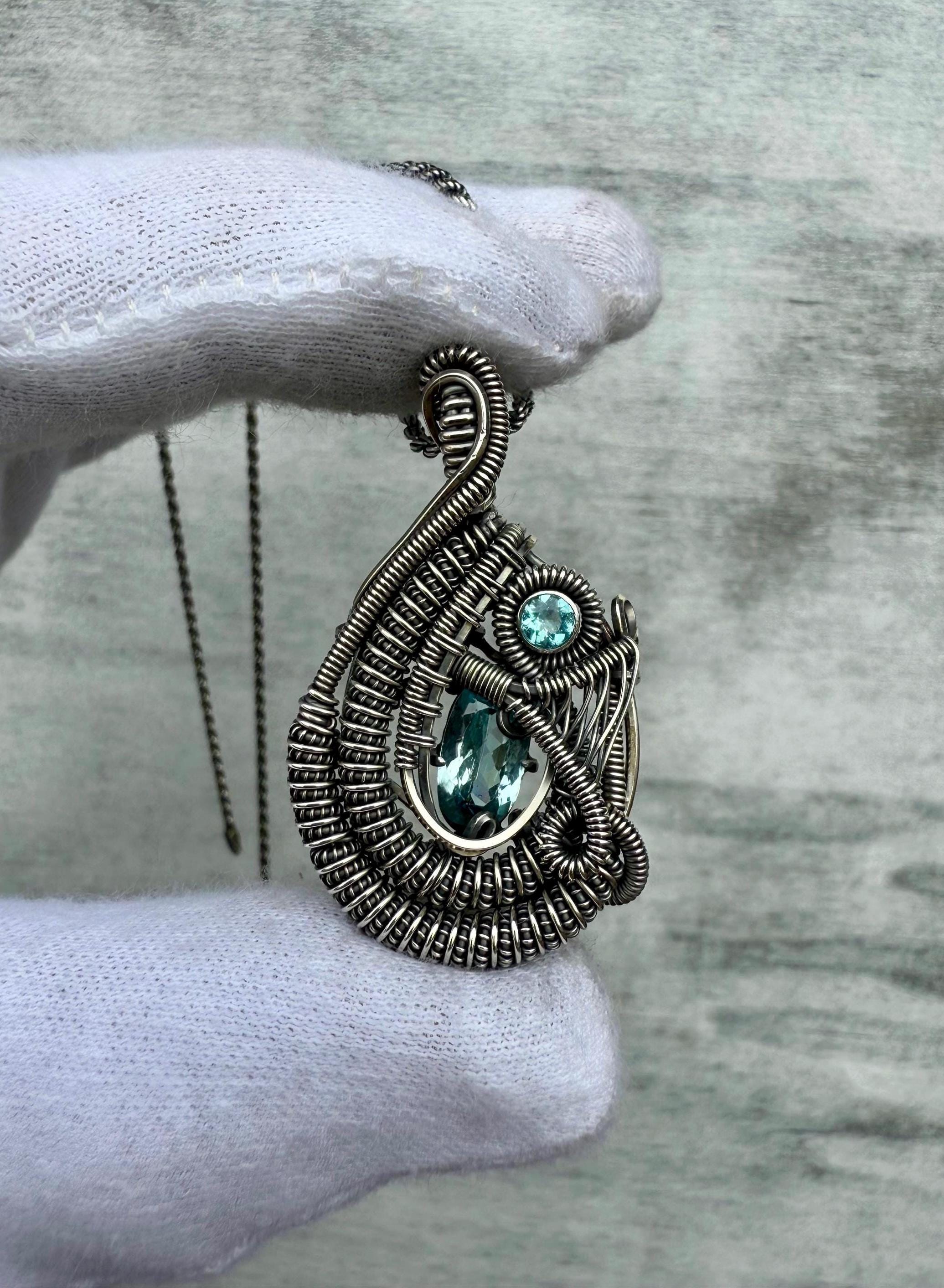 Blue Zircon Gemstone Silver Wire Wrap Pendant, Heady Wire Wrapped