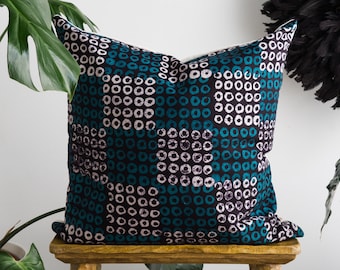 Turquoise batik cushion. Hand-printed fabric cushion. African fabric cushion. 20x20 inch