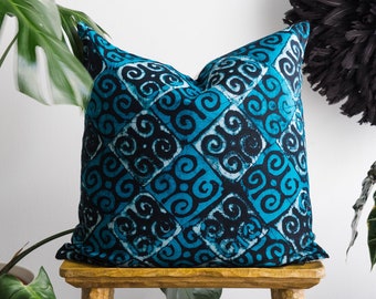 Sky blue batik cushion. Hand-printed fabric cushion. African fabric cushion. 20x20 inch