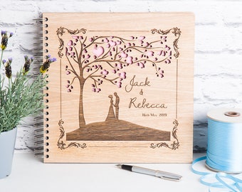 Personalised Wedding Guest Book. wooden cover, heart & tree design. 40 white pages / 90 sides. 15 book colour options. Wedding keepsake.