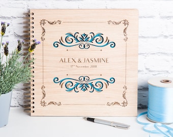 Personalised Wooden Wedding Guest Book, Classical Scrolled Guest Book