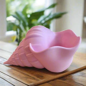 May include: A light pink seashell-shaped decorative bowl. The bowl has a spiral design and a wide opening. The bowl is made of a smooth material and sits on a wooden surface. The background includes a green plant.