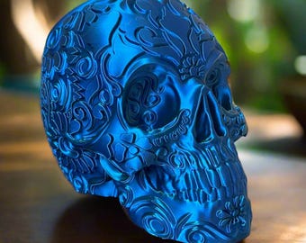 Maceta gótica con forma de calavera de azúcar: diseño de calavera ornamentada, PLA ecológico