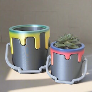 Silver Paint Can Planter – With Working Handle & Colorful Ombre Drips