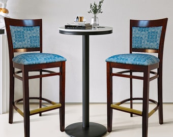 Custom Restaurant Bar Stool w/ embroidery of own sign. Shellie's Wood Bar Stool w/ designer leather material. Leather Luxury wood Bar Stool.