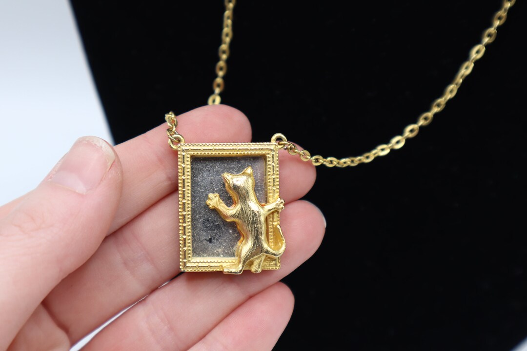 Gold Cat in Mirror Reflection Necklace Vintage Gold Necklace Costume