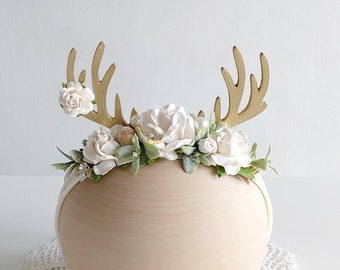 Reindeer headband, white gold reindeer, deer flower crown, reindeer antler headband, baby deer prop, antler prop, baby child deer crown