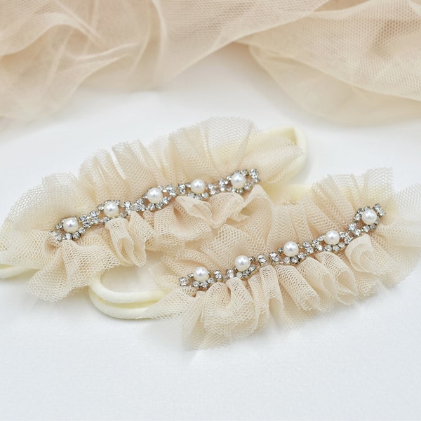 Tulle rhinestone pearl headband, neutral headband, baptism headband, christening headband, newborn photo prop, infant headband, baby gift