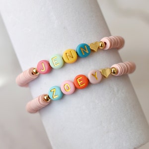 Pulsera con cuentas de nombre colorido, nombre personalizado, pulsera heishi de corazón, regalos personalizados, multicolor, letra inicial, pulsera apilable