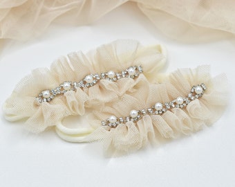 Tulle rhinestone pearl headband, neutral headband, baptism headband, christening headband, newborn photo prop, infant headband, baby gift