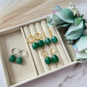 Green jade earrings, hoop earrings, gold or silver plated brass earrings, huggie earrings, natural stone, gold plated, hoops