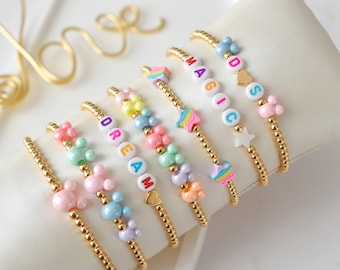 Pulsera con nombre personalizado de Mickey, orejas de Mickey Mouse en tonos pastel, pulsera con nombre personalizado, pulsera de la amistad, pulsera de arcoíris de Parks, regalos de fiesta