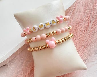 Juego de 3 pulseras personalizadas de Mickey, nombre de niña, pulsera de cuentas personalizada, regalo para niño pequeño, pulsera de la amistad, orejas de Mickey, pulsera de hermana