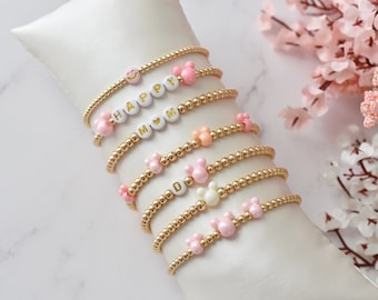 Pulsera de cuentas de Mickey con nombre personalizado, regalo de cumpleaños, orejas rosas de Mickey Mouse, pulsera de cuentas personalizada, pulsera de Minnie, regalo para niños