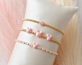 Pulsera de cuentas de Mickey para niñas, pulsera de cuentas de oro rosa, pulsera de cumpleañera, juego de 3 pulseras apilables, Minnie Mouse, regalo para niña