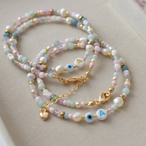 Colar de mau-olhado, gargantilha de contas, colar de letra inicial, colar de pedras preciosas coloridas, pérola de água doce, miçanga, olho protetor, personalizado
